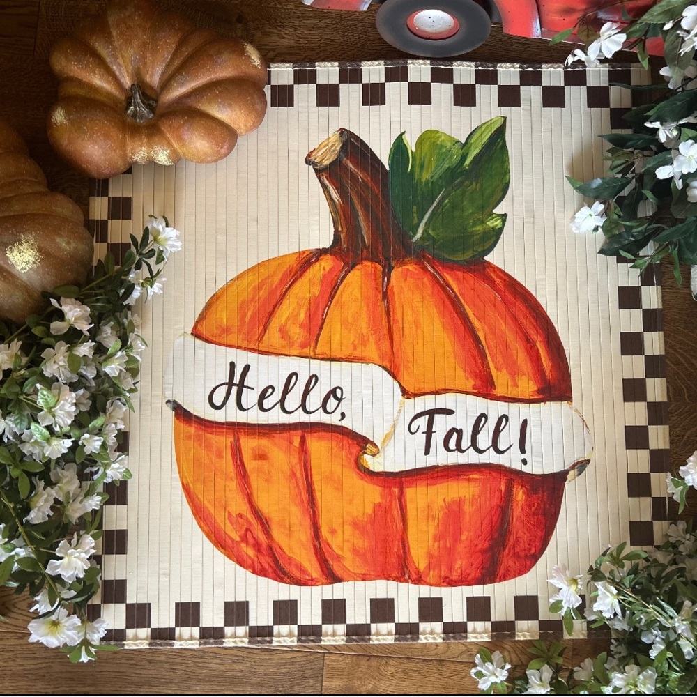 Hello Fall Pumpkin Bamboo Rug Cream and Brown Check Pattern - Picture 3 of 6